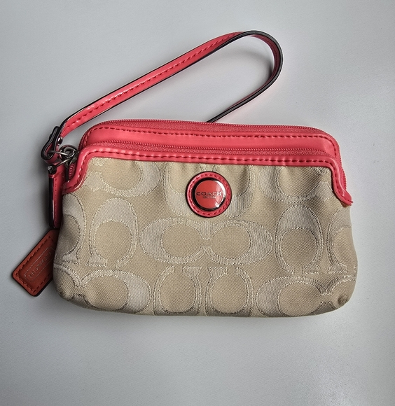 Coach Coral Pink/ Tan Signature Wristlet - Picture 1 of 8